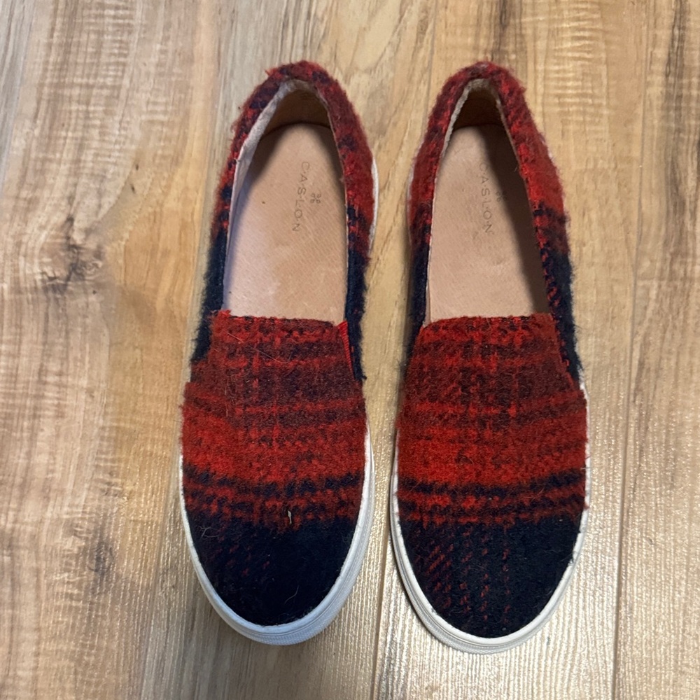 Caslon Red and Black Plaid slip on sneakers